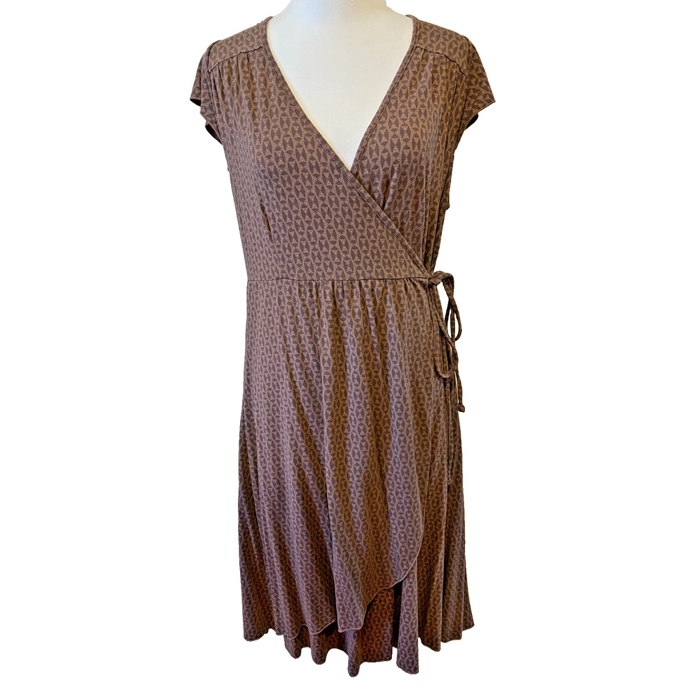 Fresh Produce Faux Wrap Dress Size L USA Made Rayon Blend Brown Geometric Print